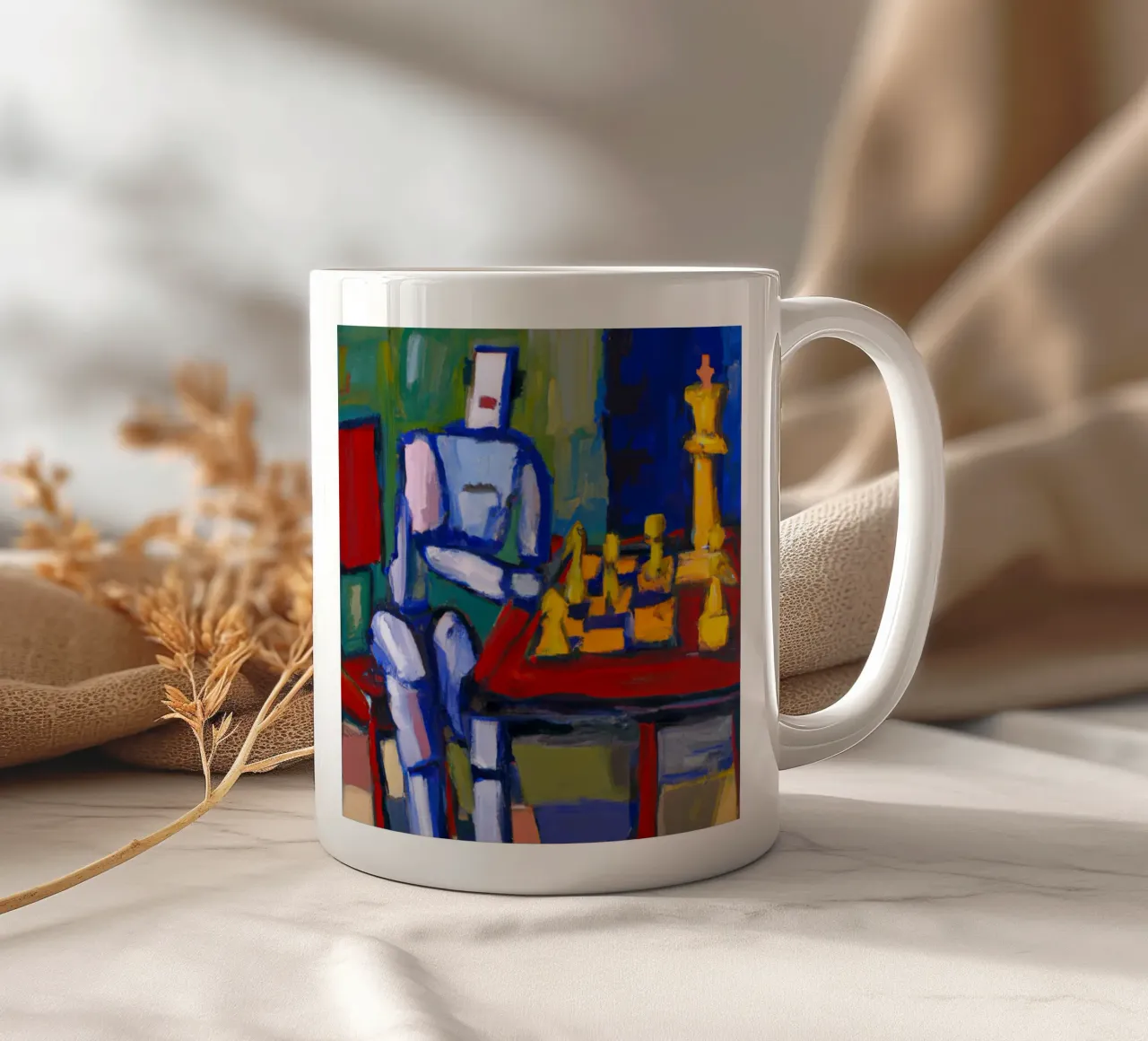 Robot playing Chess on a Sunday Afternoon_BTC keramische mok van Crypto_Jungle