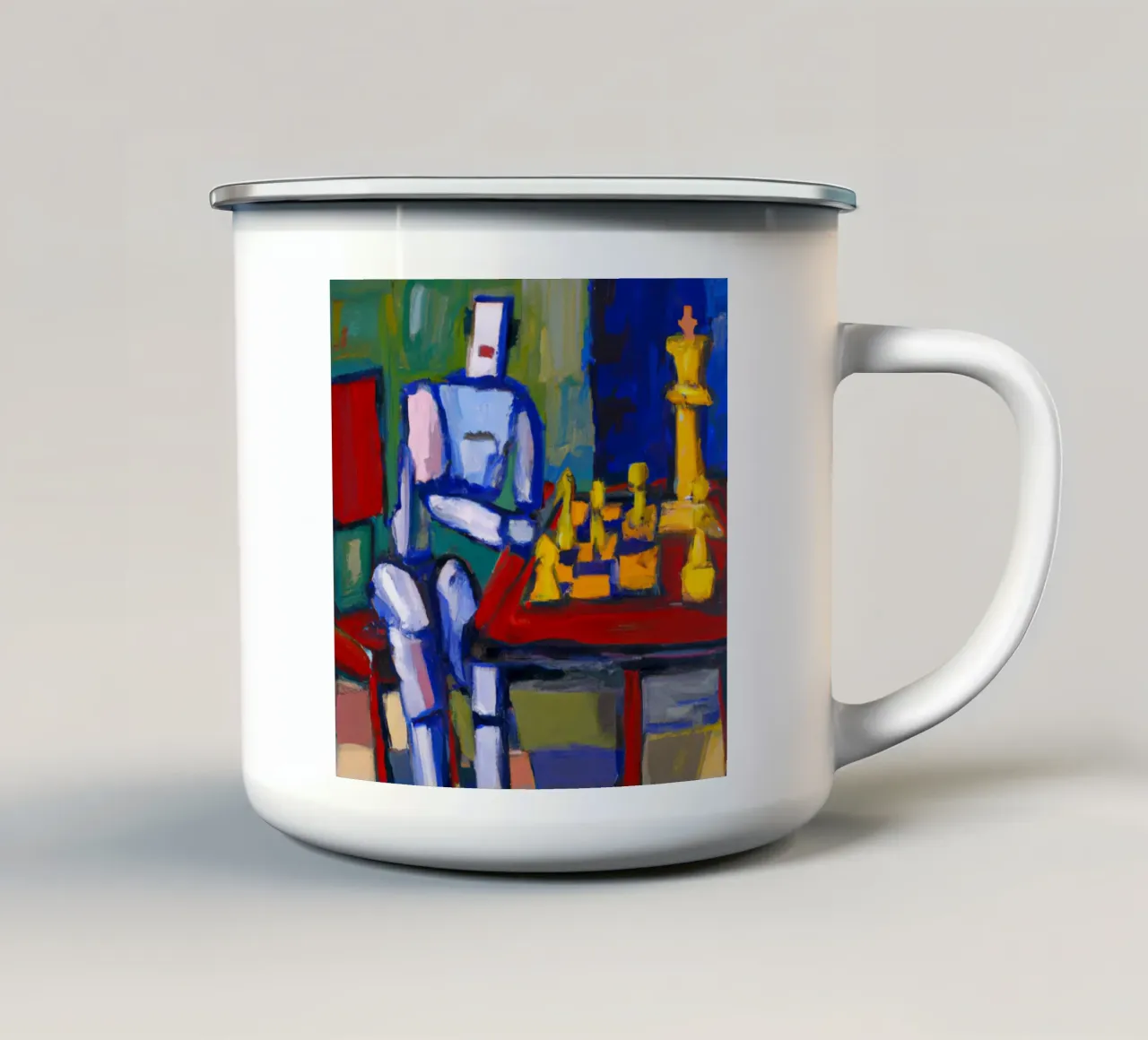 Robot playing Chess on a Sunday Afternoon_BTC tazza in smalto da Crypto_Jungle