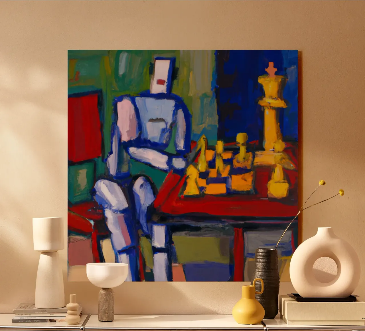 Robot playing Chess on a Sunday Afternoon_BTC alluminio dibond da Crypto_Jungle