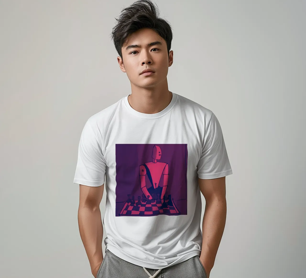 Robot on Pink Hue_Playing Chess_ETH t-shirt da Crypto_Jungle