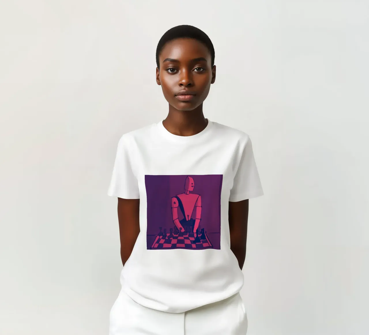 Robot on Pink Hue_Playing Chess_ETH t-shirt da Crypto_Jungle