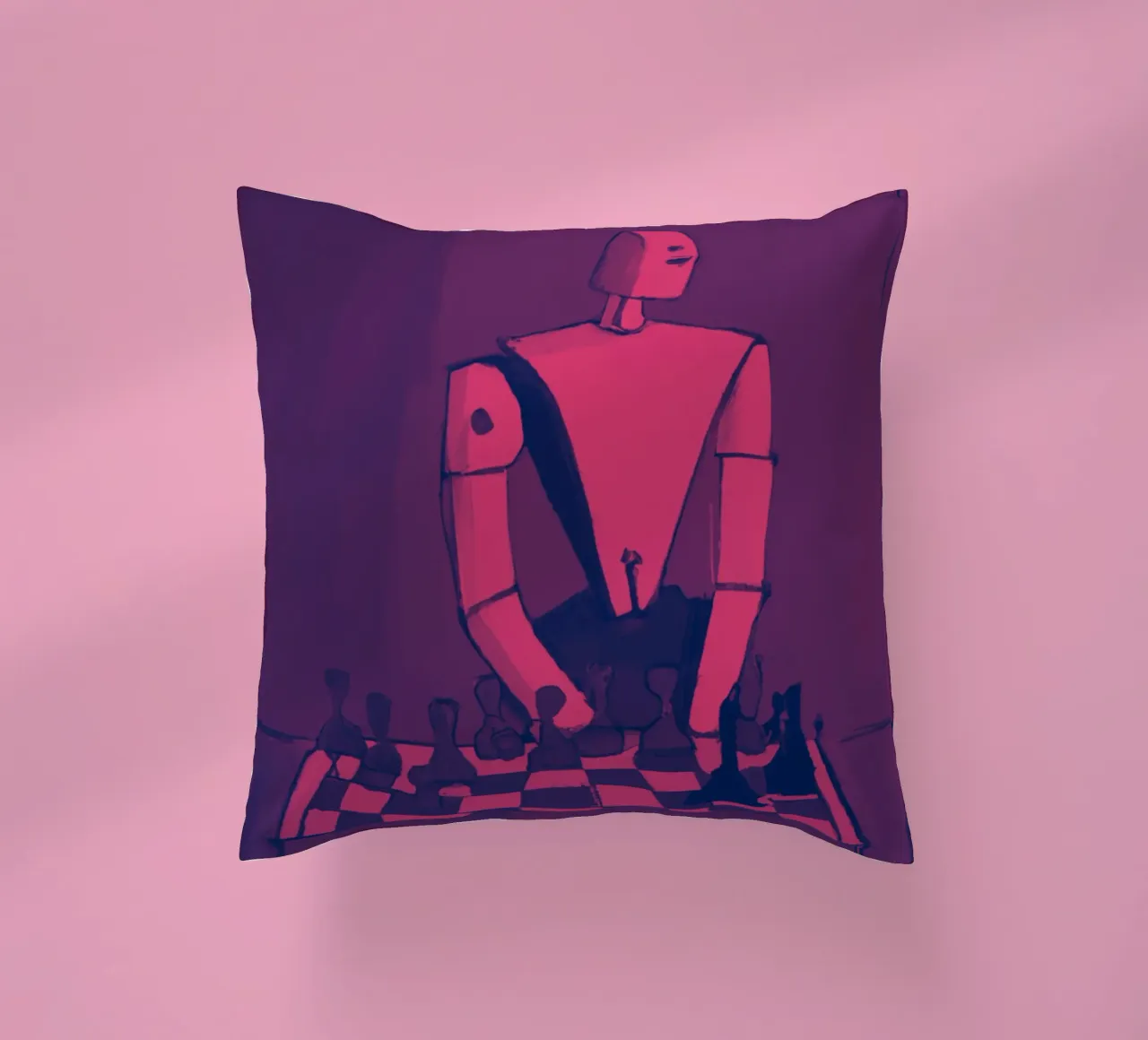 Robot on Pink Hue_Playing Chess_ETH cuscino da Crypto_Jungle