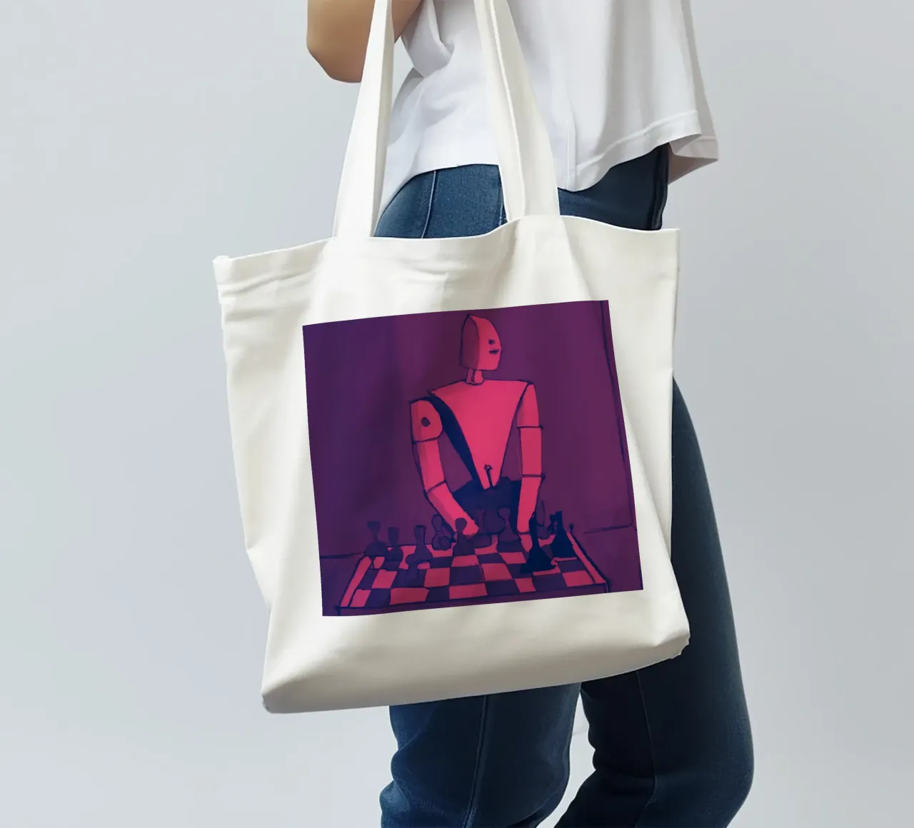 Robot on Pink Hue_Playing Chess_ETH borsa in juta da Crypto_Jungle