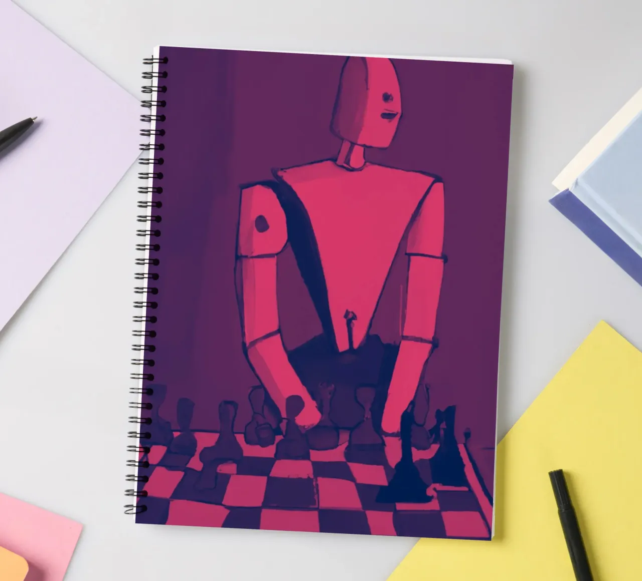 Robot on Pink Hue_Playing Chess_ETH spiral notebook by Crypto_Jungle