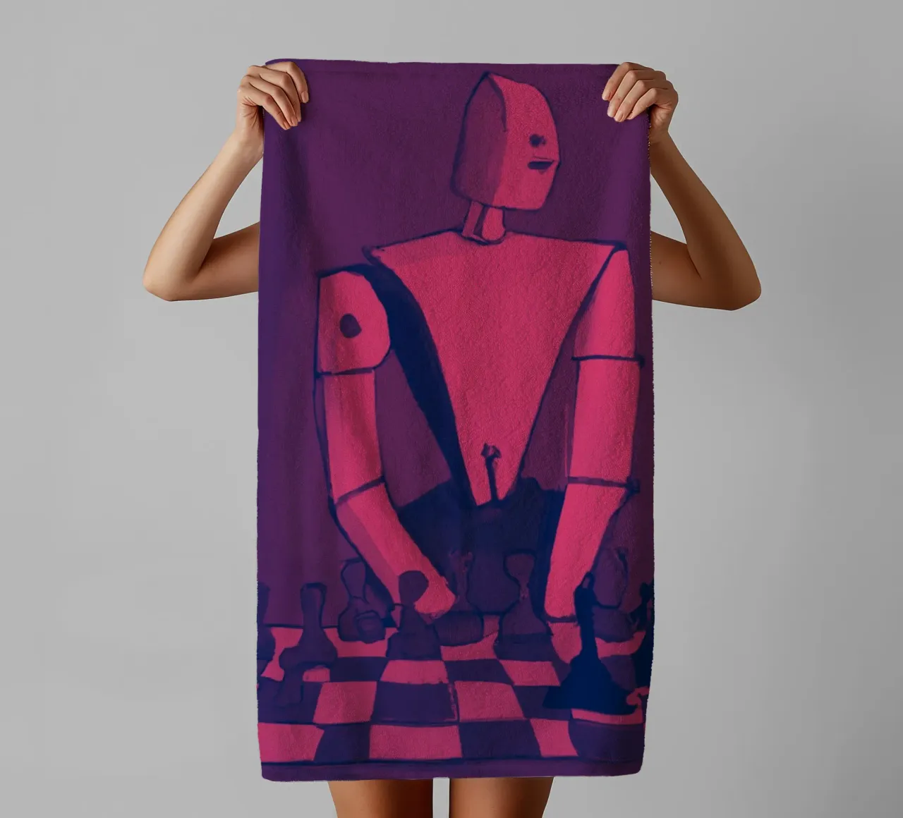 Robot on Pink Hue_Playing Chess_ETH asciugamano da bagno da Crypto_Jungle