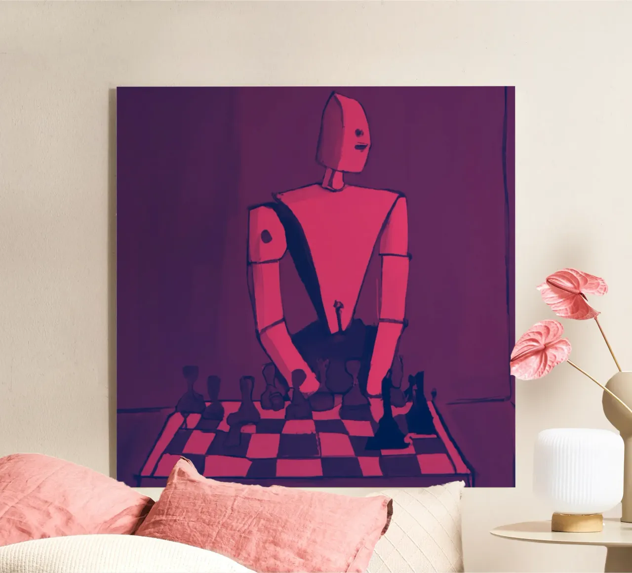 Robot on Pink Hue_Playing Chess_ETH plexiglass da Crypto_Jungle