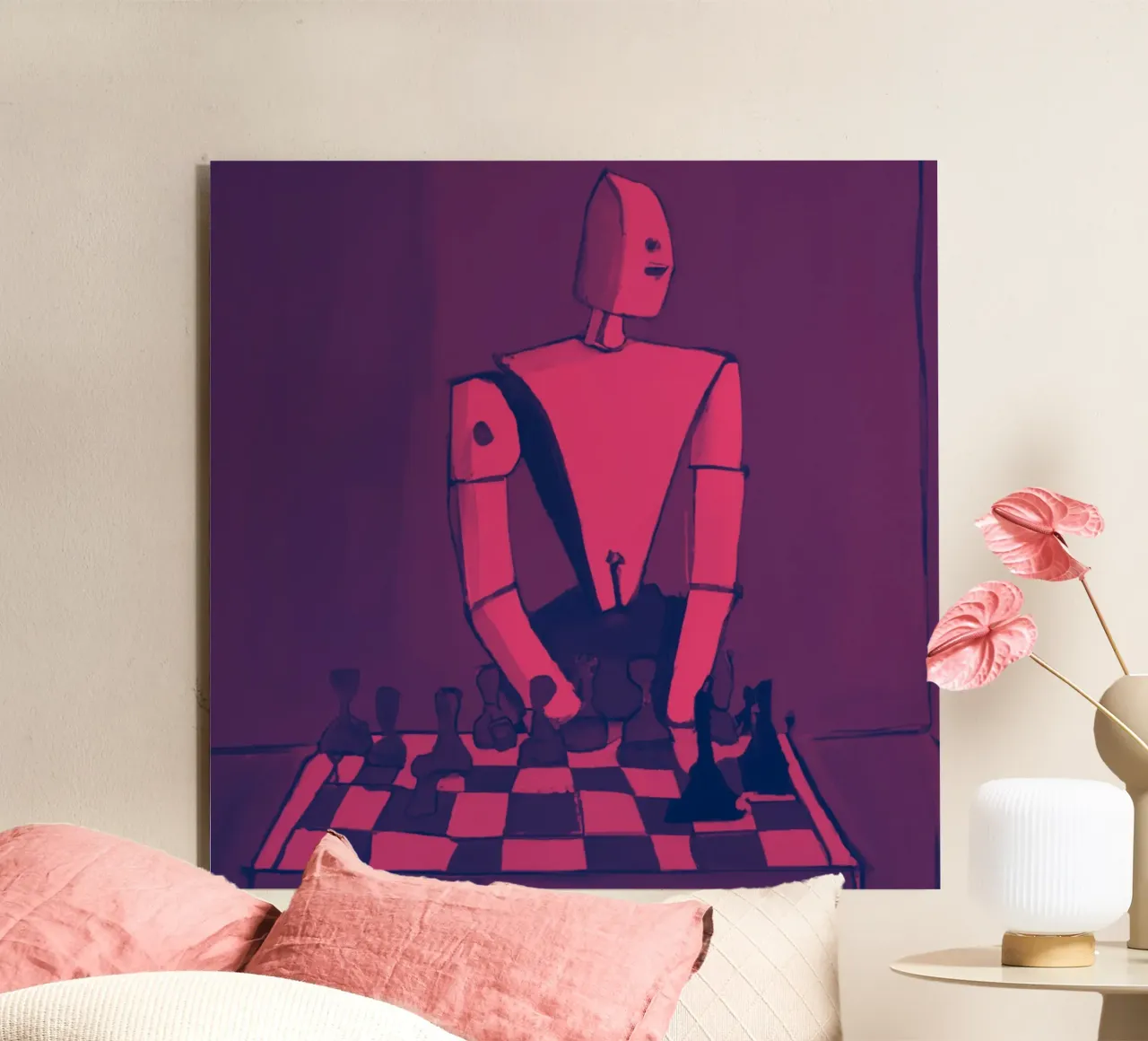 Robot on Pink Hue_Playing Chess_ETH alluminio dibond da Crypto_Jungle