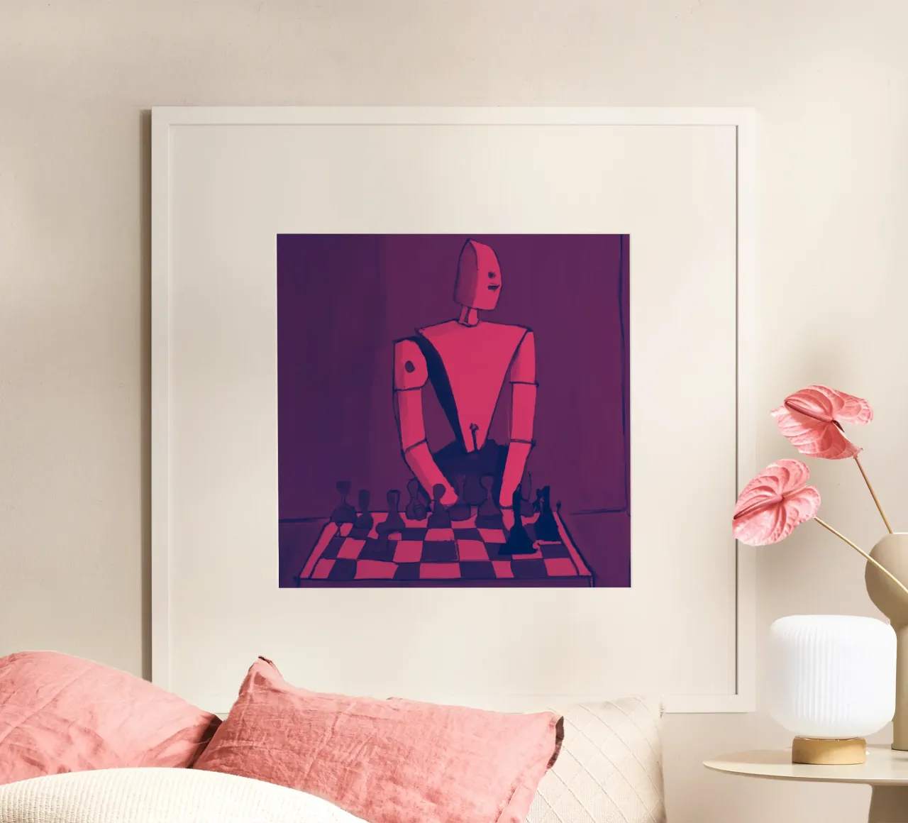Robot on Pink Hue_Playing Chess_ETH poster con telaio in alluminio da Crypto_Jungle