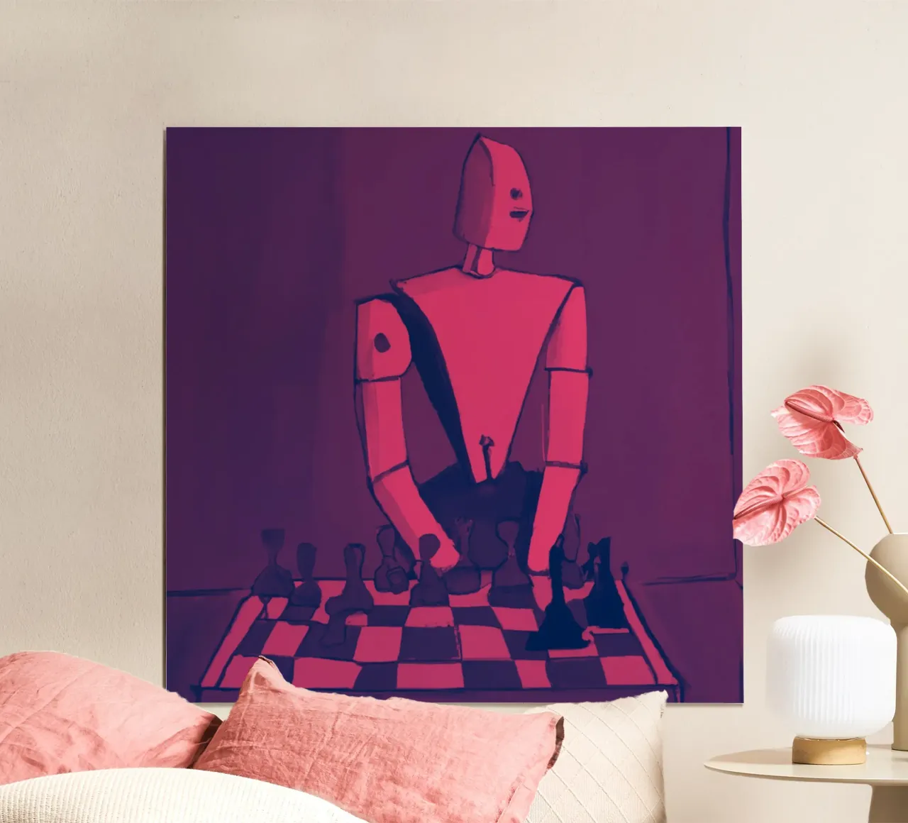 Robot on Pink Hue_Playing Chess_ETH poster con telaio in alluminio da Crypto_Jungle