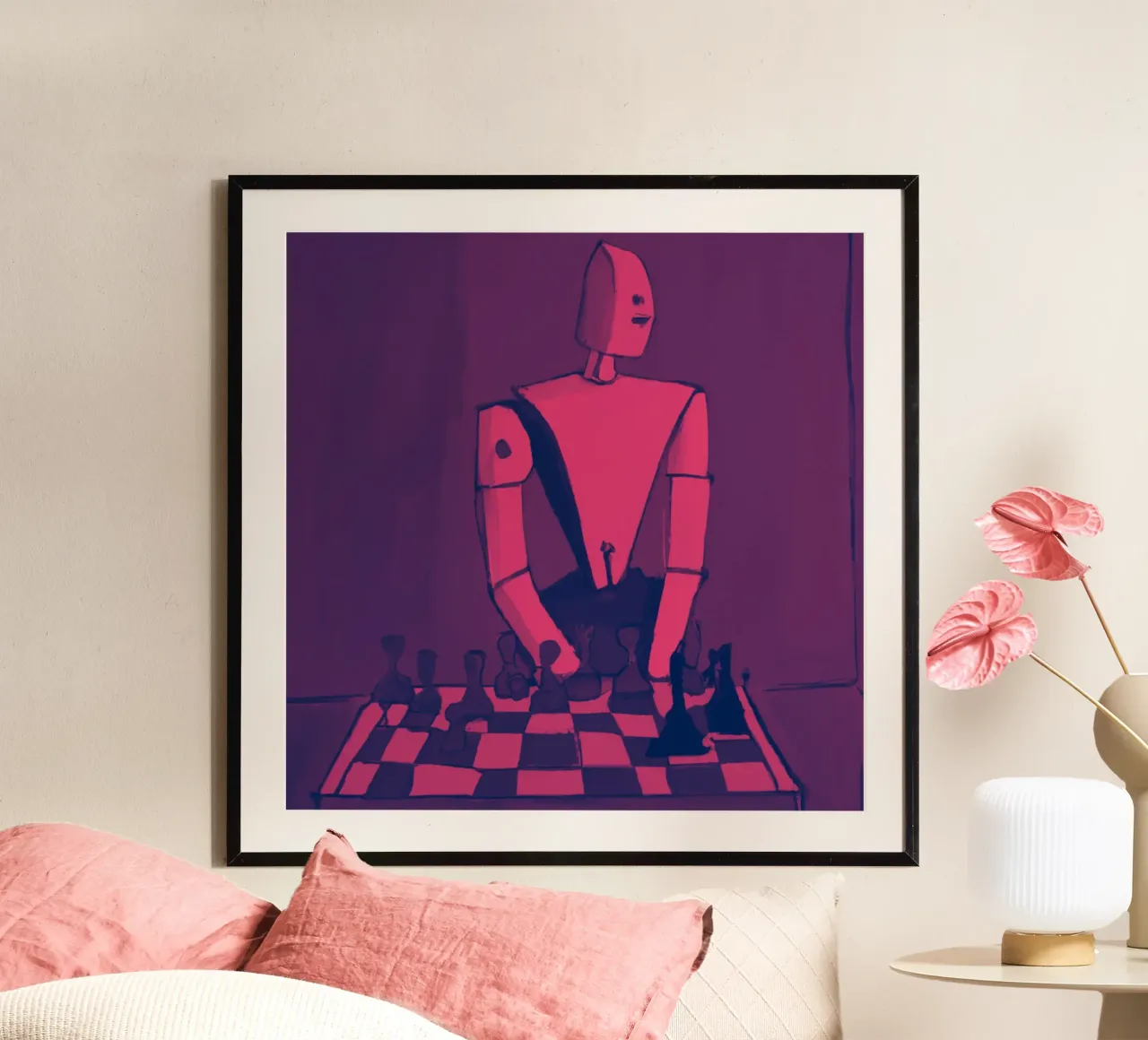Robot on Pink Hue_Playing Chess_ETH poster con telaio in alluminio da Crypto_Jungle