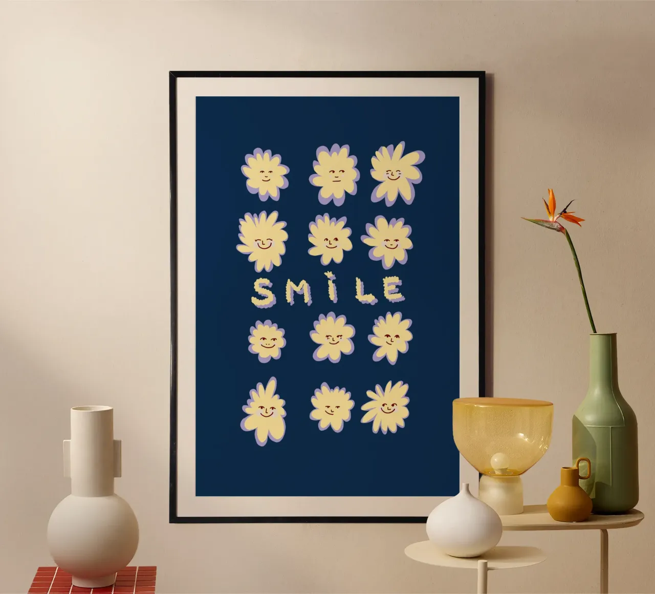 smile sun flowers bright like stars on the dark sky poster with wooden frame by janine.aigner.work