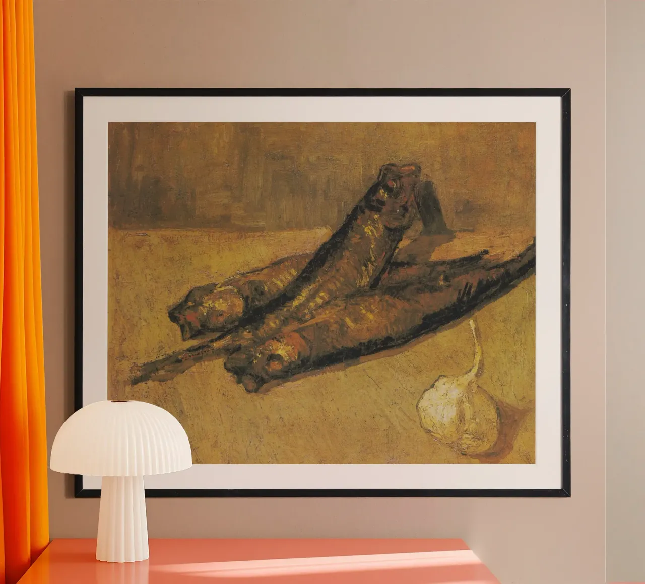 Vincent Van Gogh - Natura morta con fiori e aglio poster con telaio in plastica da Timeless Artworks