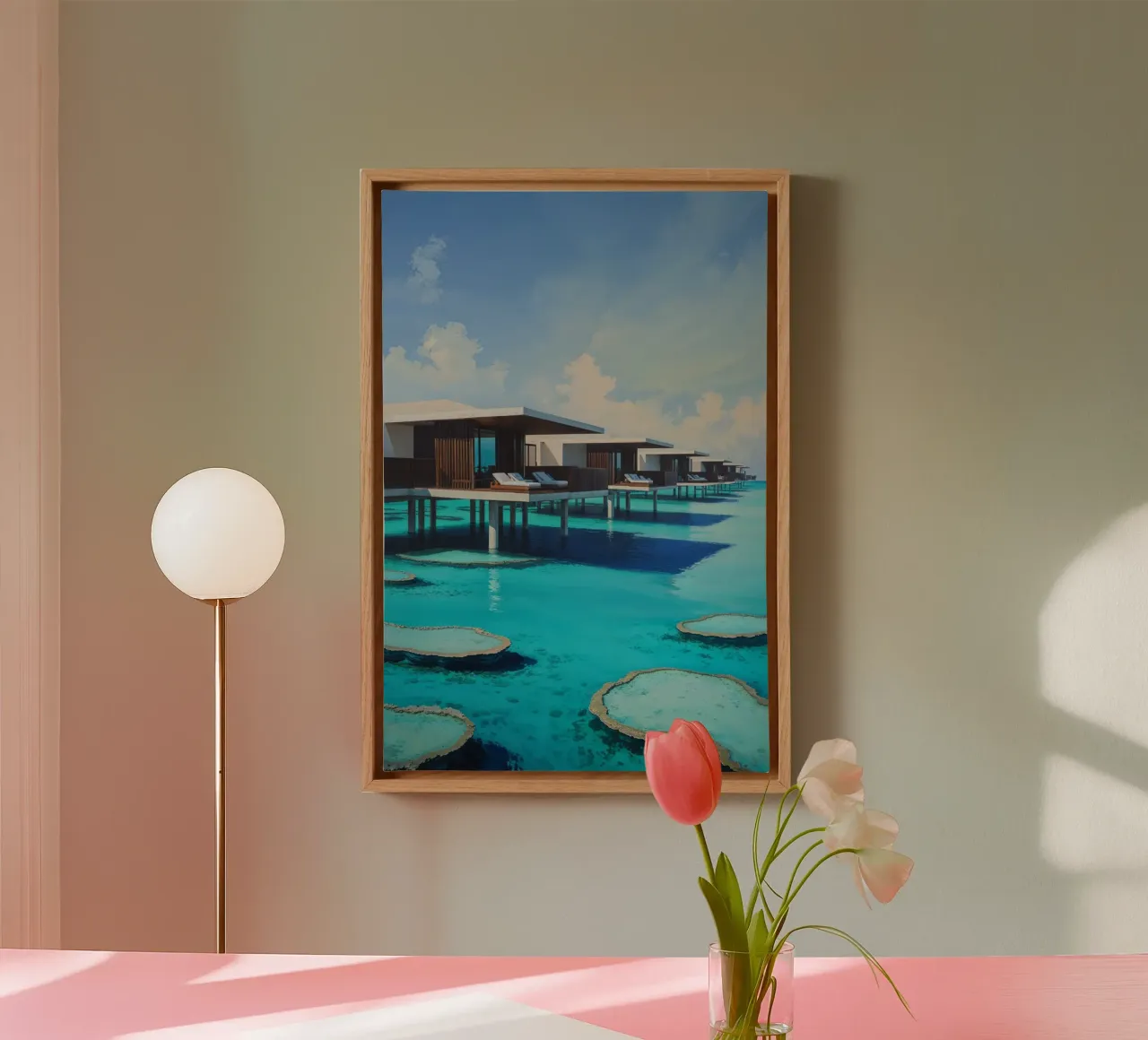 Serene Overwater Villas in a Hidden Paradise canvas met Baklijst van AlbertKlee