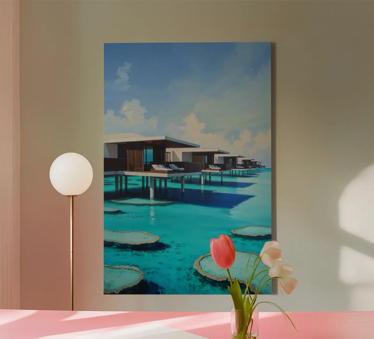 Serene Overwater Villas in a Hidden Paradise canvas met Baklijst van AlbertKlee