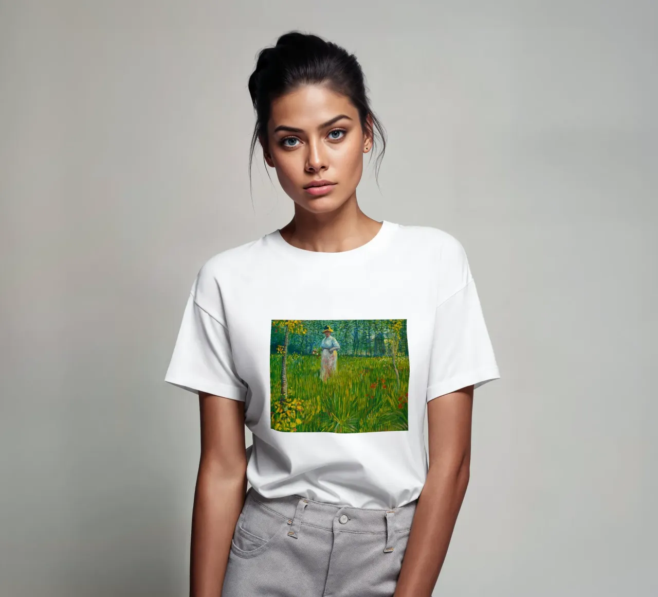 Vincent van Gogh Una donna che cammina in un giardino t-shirt da Timeless Artworks