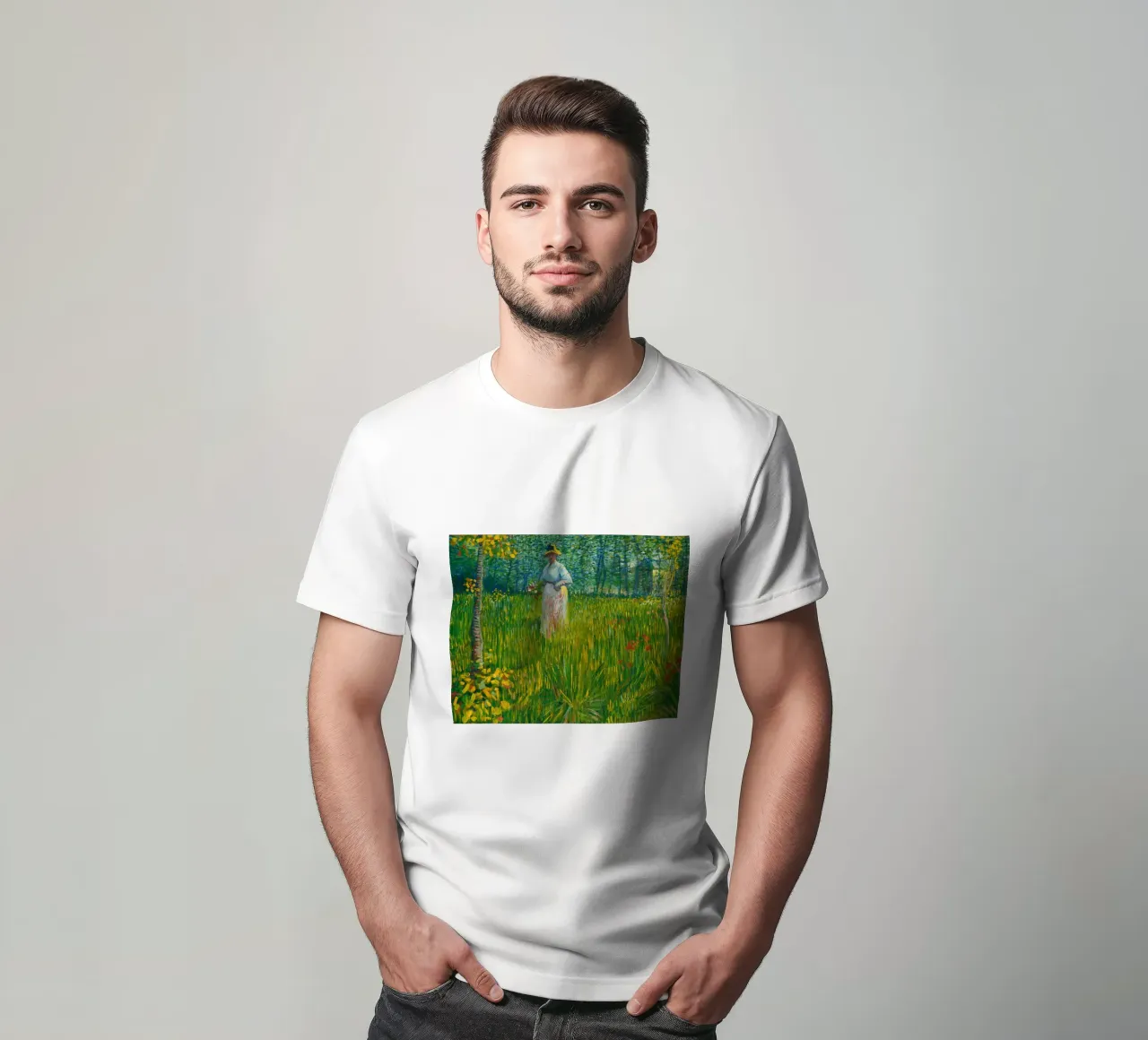 Vincent van Gogh Una donna che cammina in un giardino t-shirt da Timeless Artworks