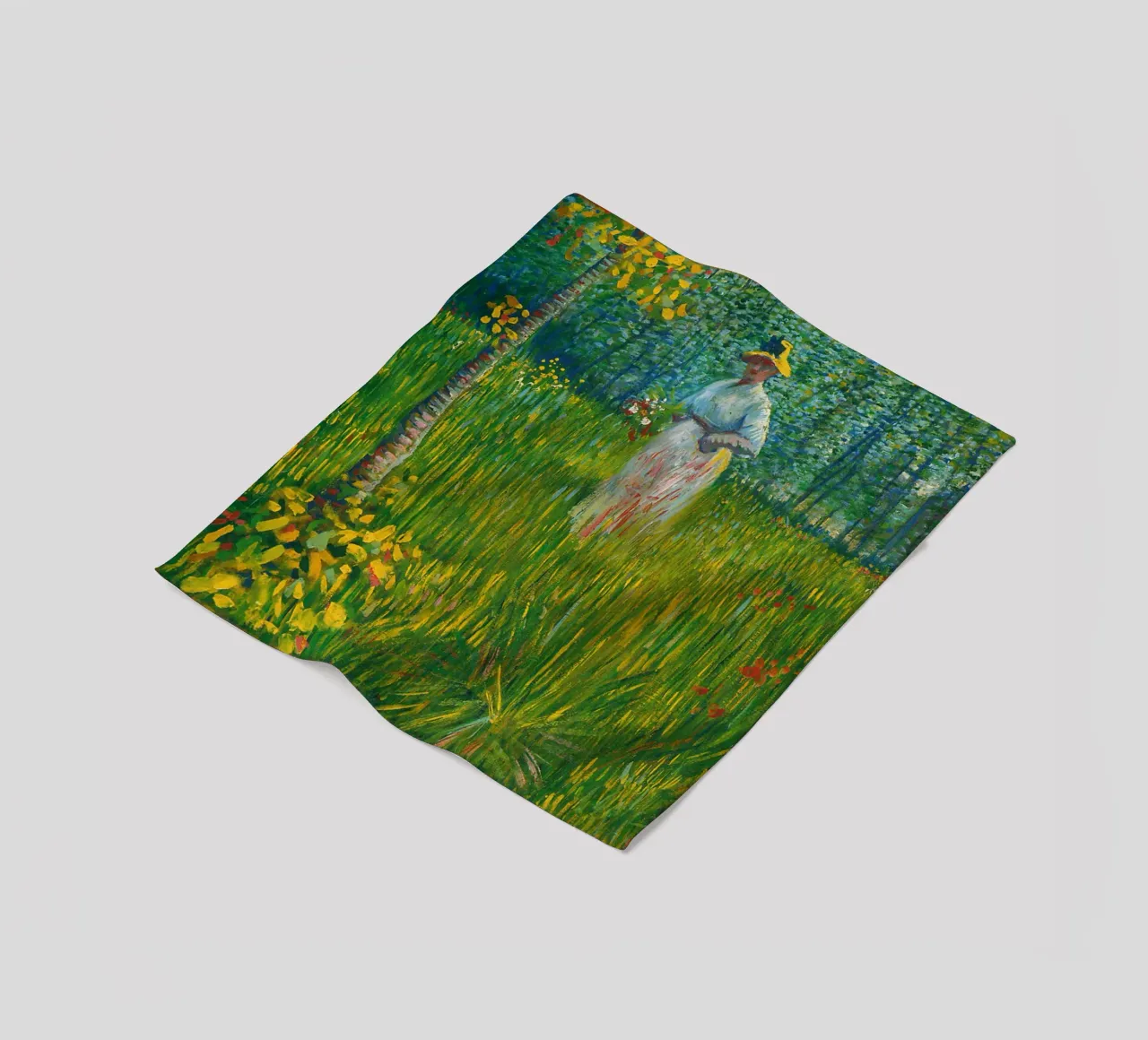 Vincent van Gogh Eine Frau, die in einem Garten spazieren geht Fleecedecke von Timeless Artworks