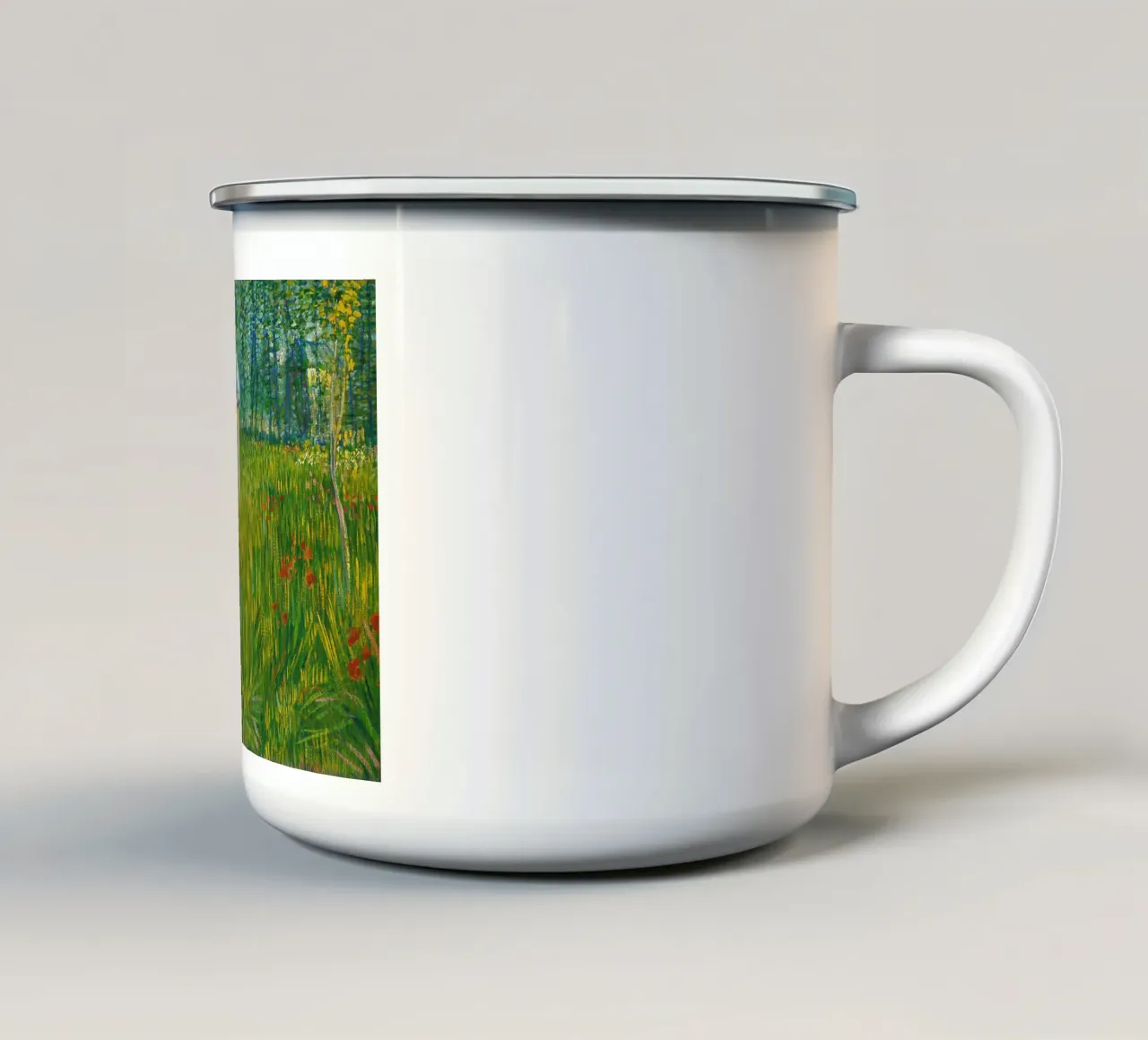 Vincent van Gogh Una donna che cammina in un giardino tazza in smalto da Timeless Artworks