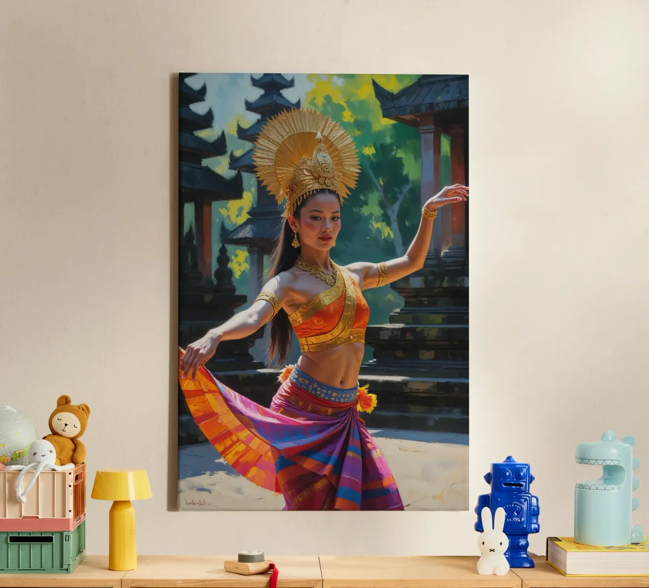 Balinese Dancer in Golden Elegance tela con Cornice a cassetta da AlbertKlee