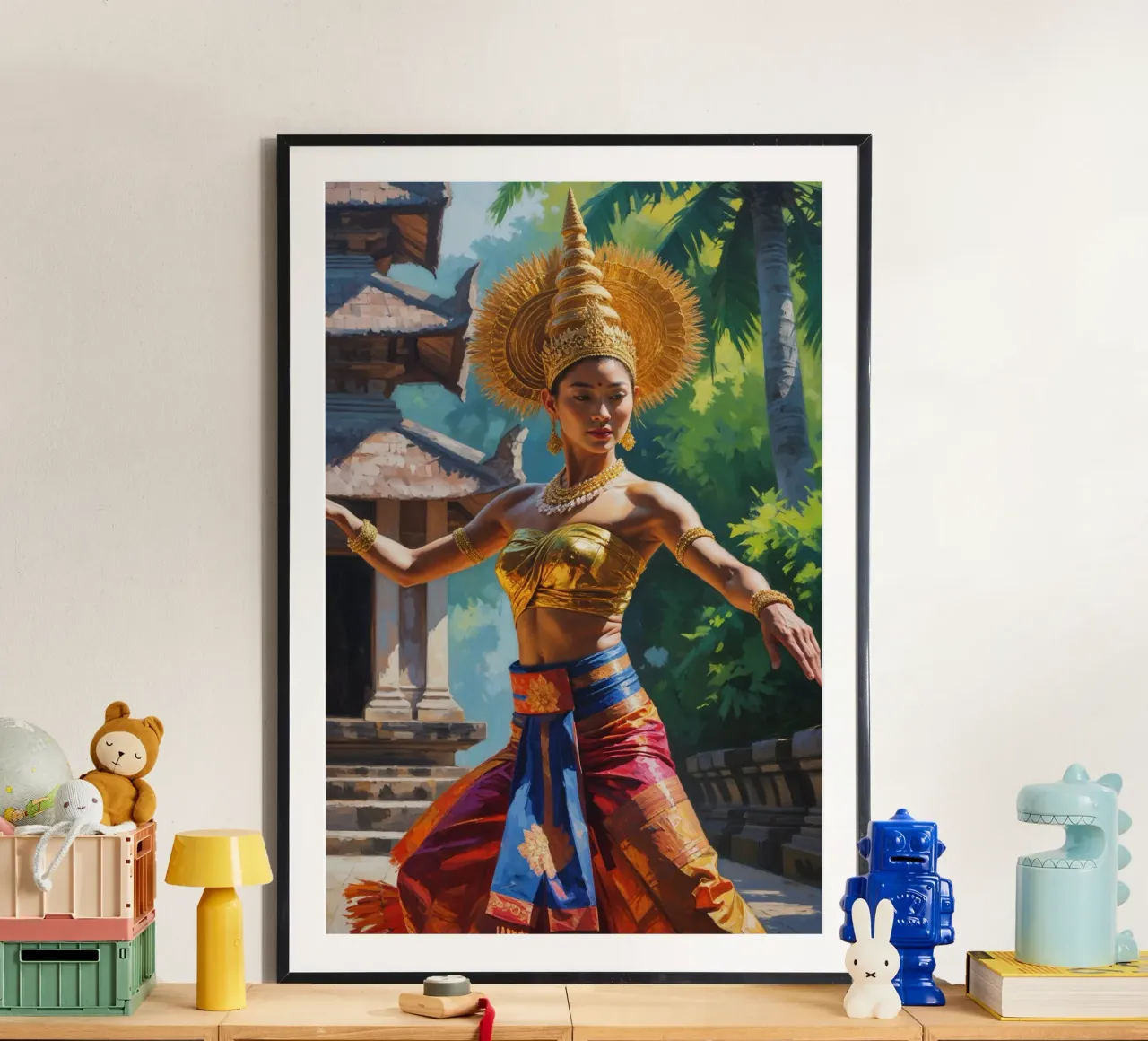 Golden Rhythm of Balinese Dance poster con telaio in legno da AlbertKlee