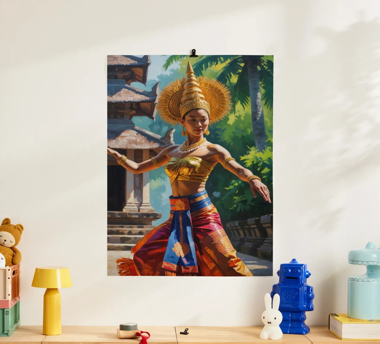 Golden Rhythm of Balinese Dance poster con telaio in legno da AlbertKlee