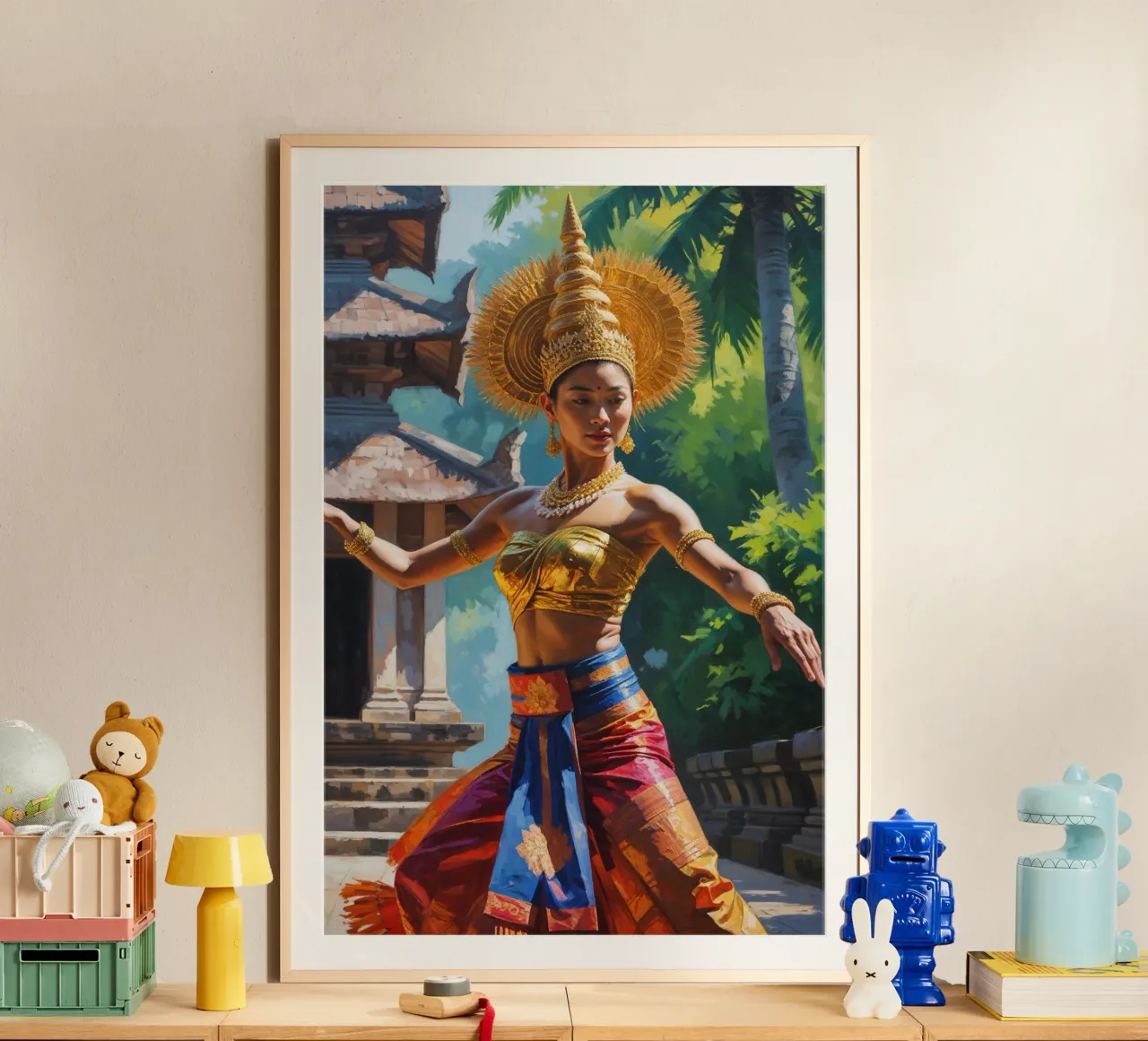 Golden Rhythm of Balinese Dance poster con telaio in legno da AlbertKlee