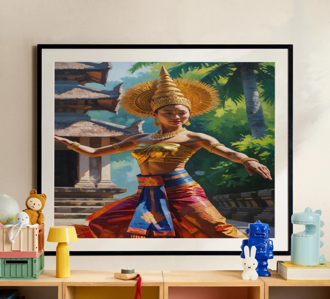 Golden Rhythm of Balinese Dance poster con telaio in legno da AlbertKlee
