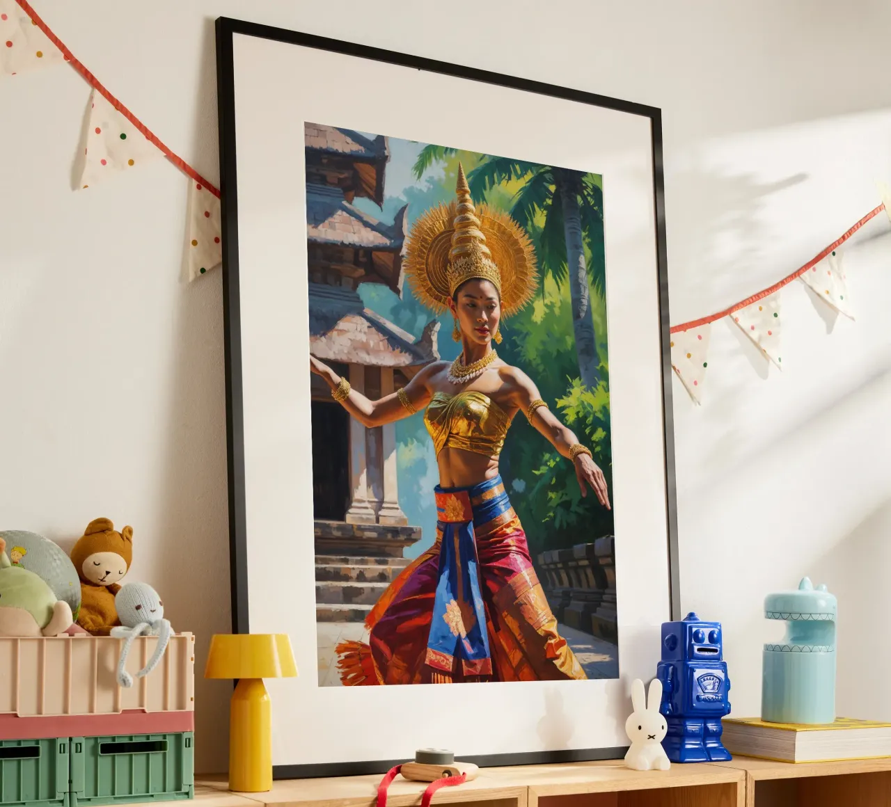 Golden Rhythm of Balinese Dance poster con telaio in legno da AlbertKlee