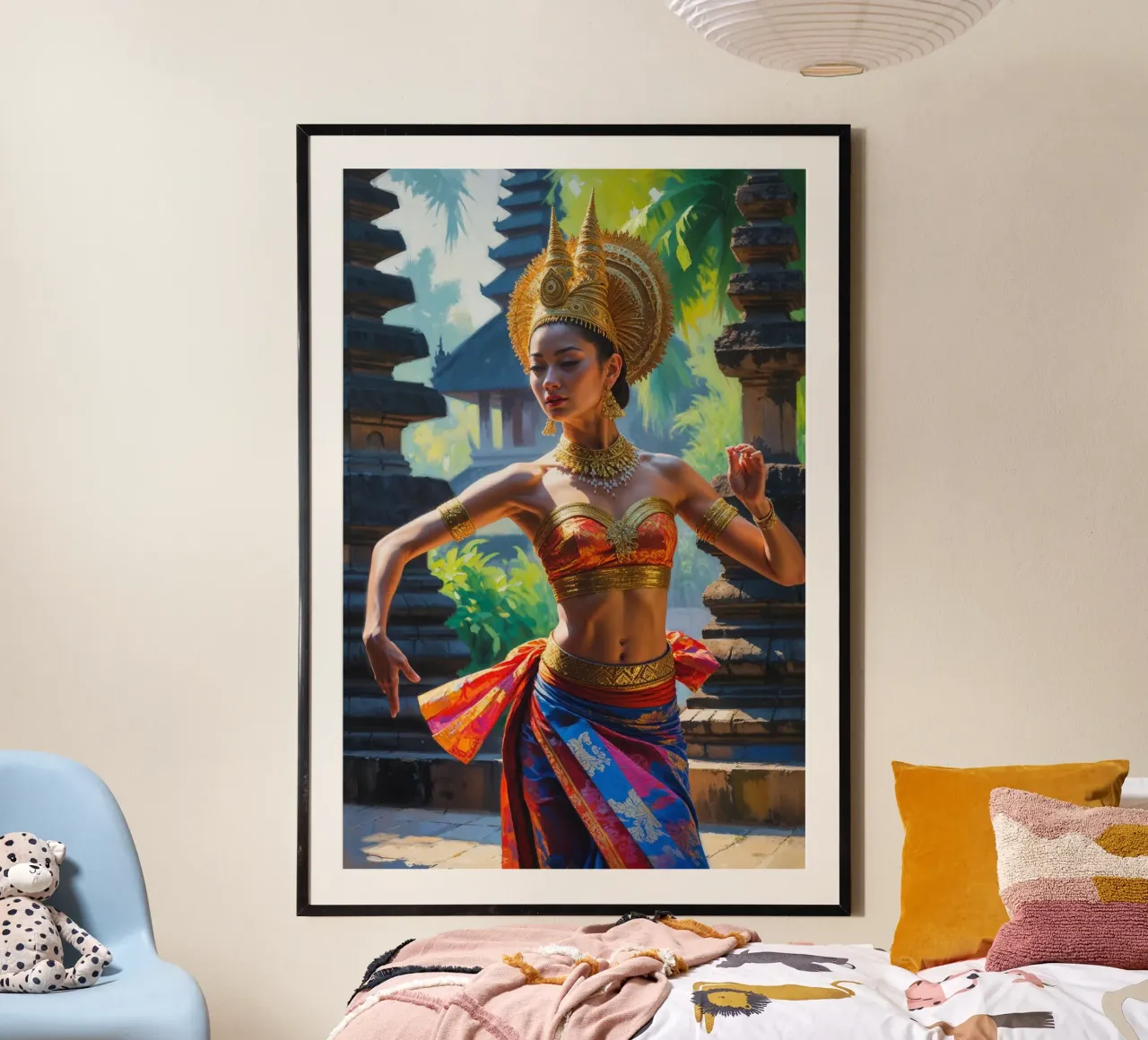Sacred Balinese Dance Amidst Temples poster con telaio in legno da AlbertKlee