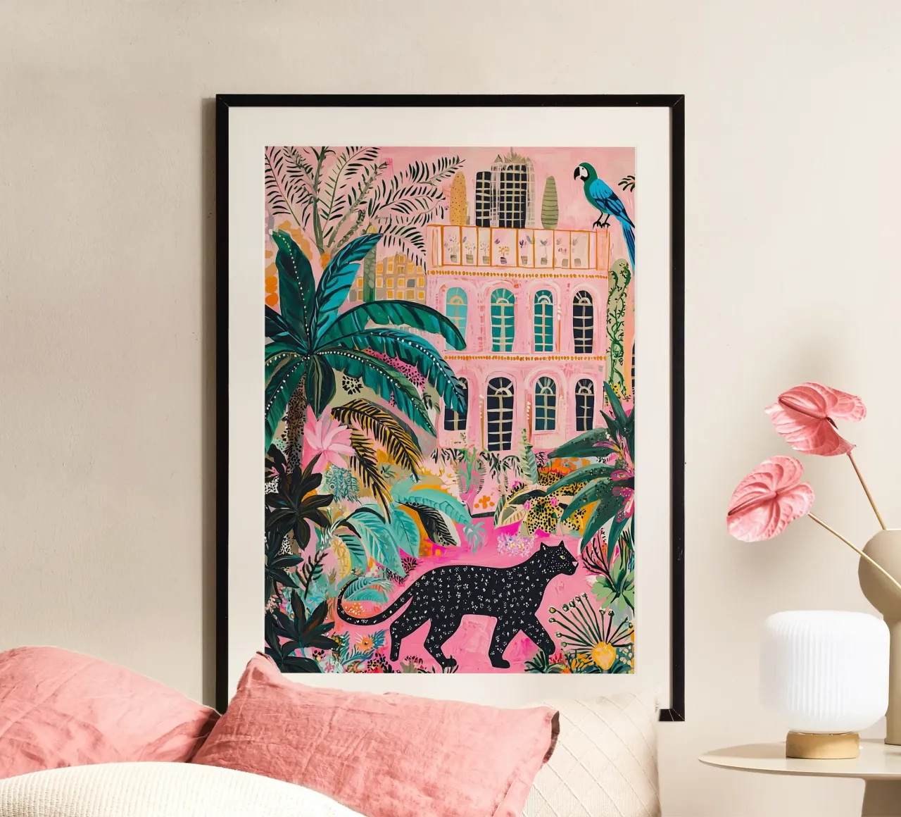 Colourful Black Panther Print, Bold Bright Eclectic Wall Art (Art mural éclectique audacieux et lumineux) poster avec cadre en bois de Boheme