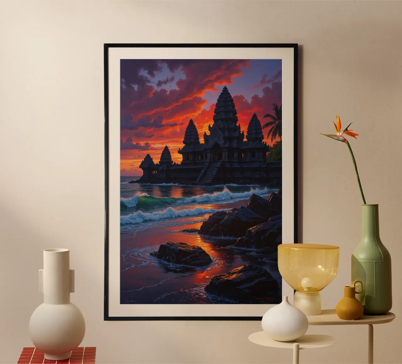 Fiery Sunset at Tanah Lot poster da AlbertKlee