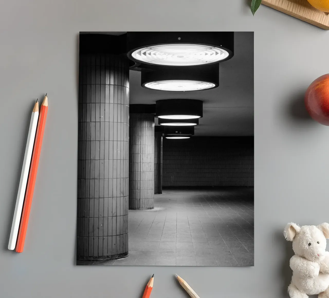 Black and white photo Berlin: Shadow play in a dark tunnel sticker sheet by Bold and Retro