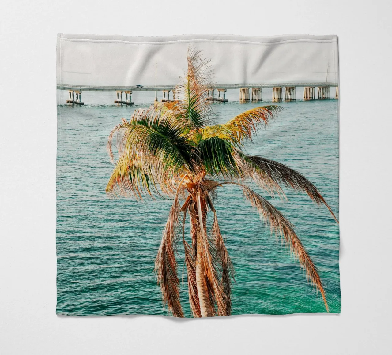 Florida Keys, Tropical Palm - View over ocean and bridge fleece blanket by Bold and Retro