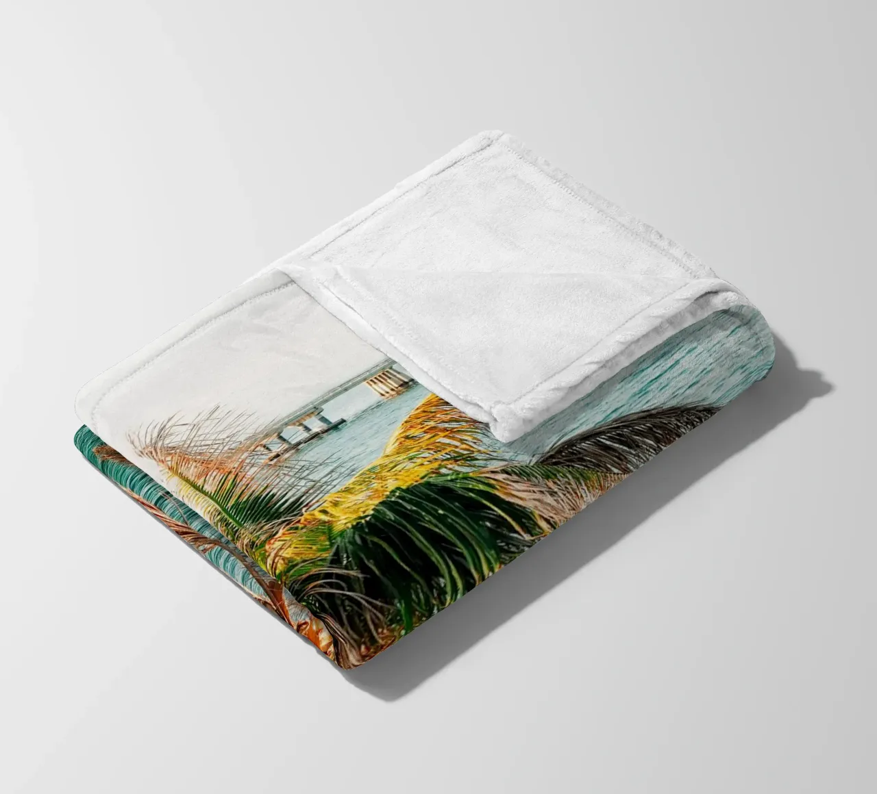 Florida Keys, Tropical Palm - View over ocean and bridge fleece blanket by Bold and Retro