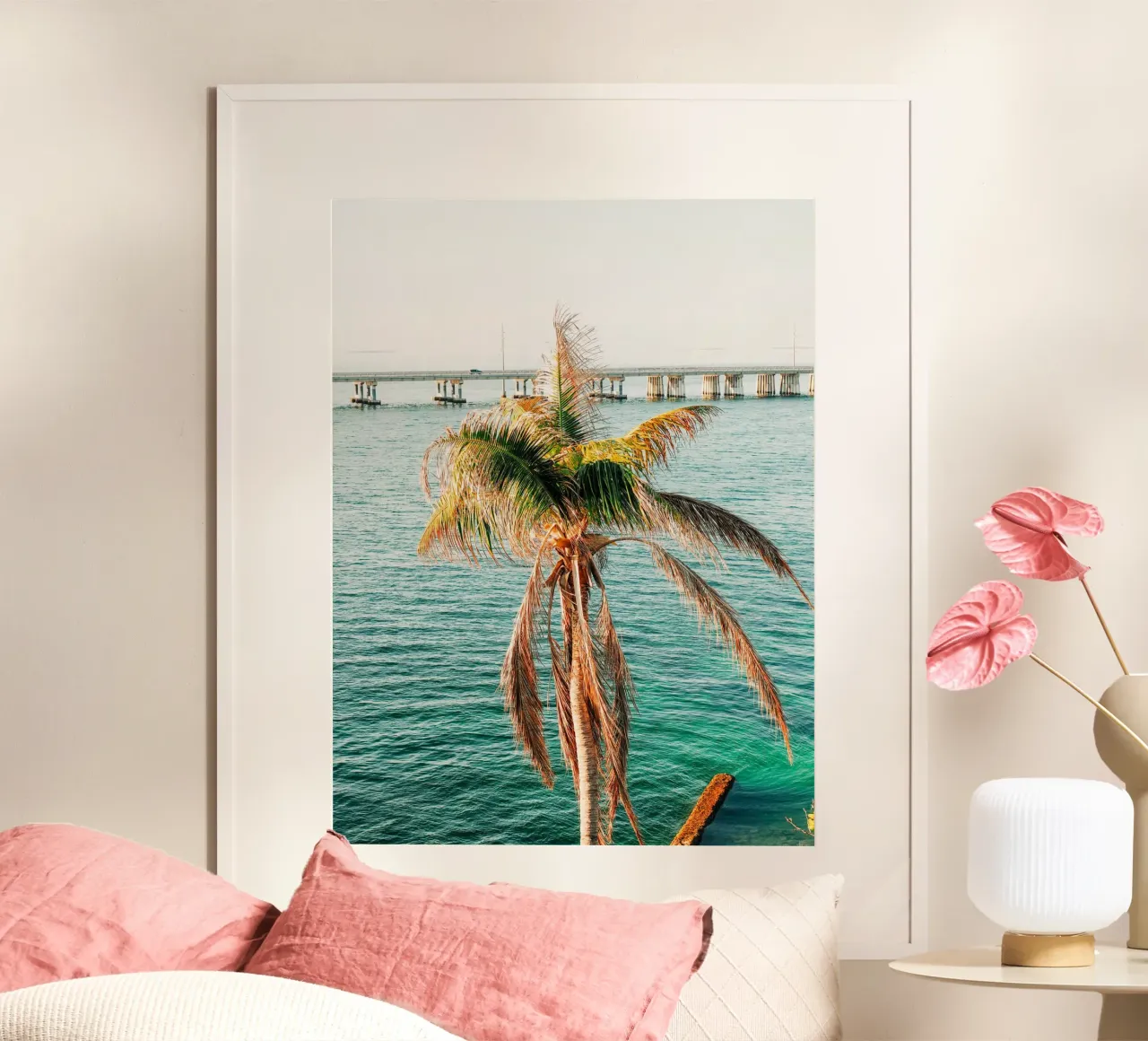 Florida Keys, Tropical Palm - View over ocean and bridge hahnemühle by Bold and Retro