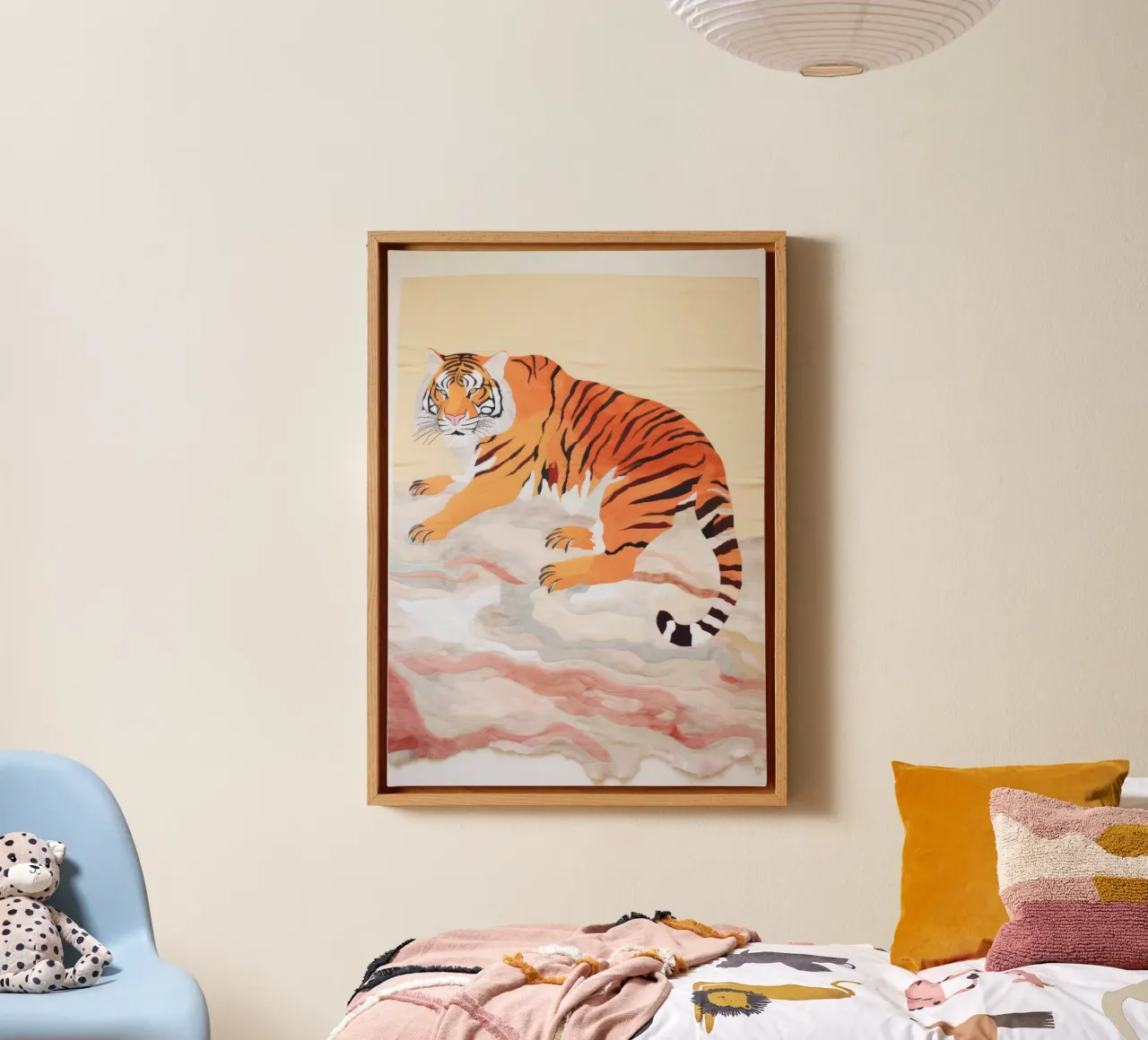 Tijgerprint, Abstract Wildlife Pastel Muurkunst, Dierenkunst canvas met Baklijst van Boheme
