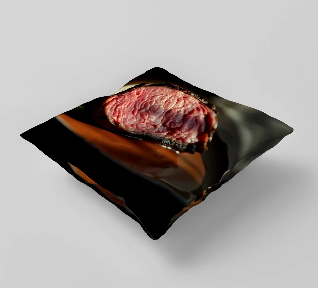 Bistecca di media cottura perfettamente cotta e servita su un piatto scuro cuscino da DesignDoodle