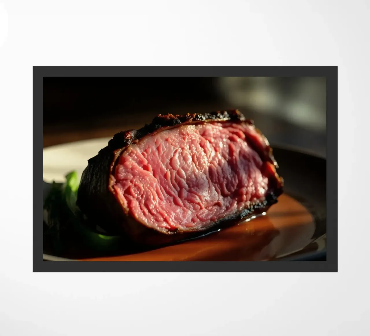Bistecca di media cottura perfettamente cotta e servita su un piatto scuro zerbino da DesignDoodle