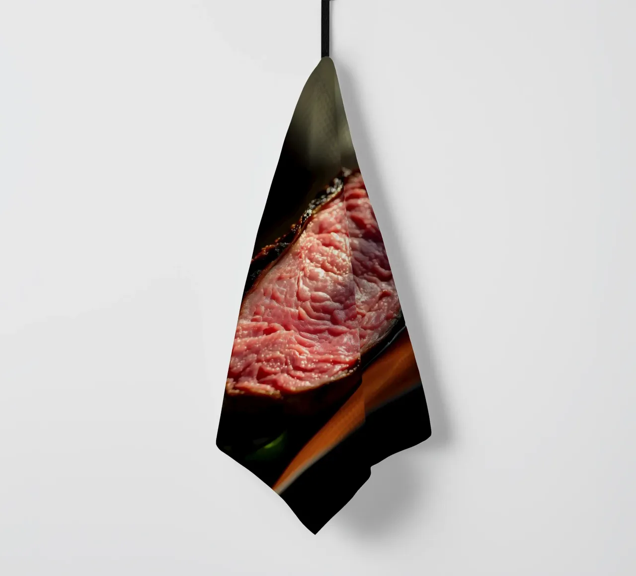 Bistecca di media cottura perfettamente cotta e servita su un piatto scuro canovaccio da cucina da DesignDoodle