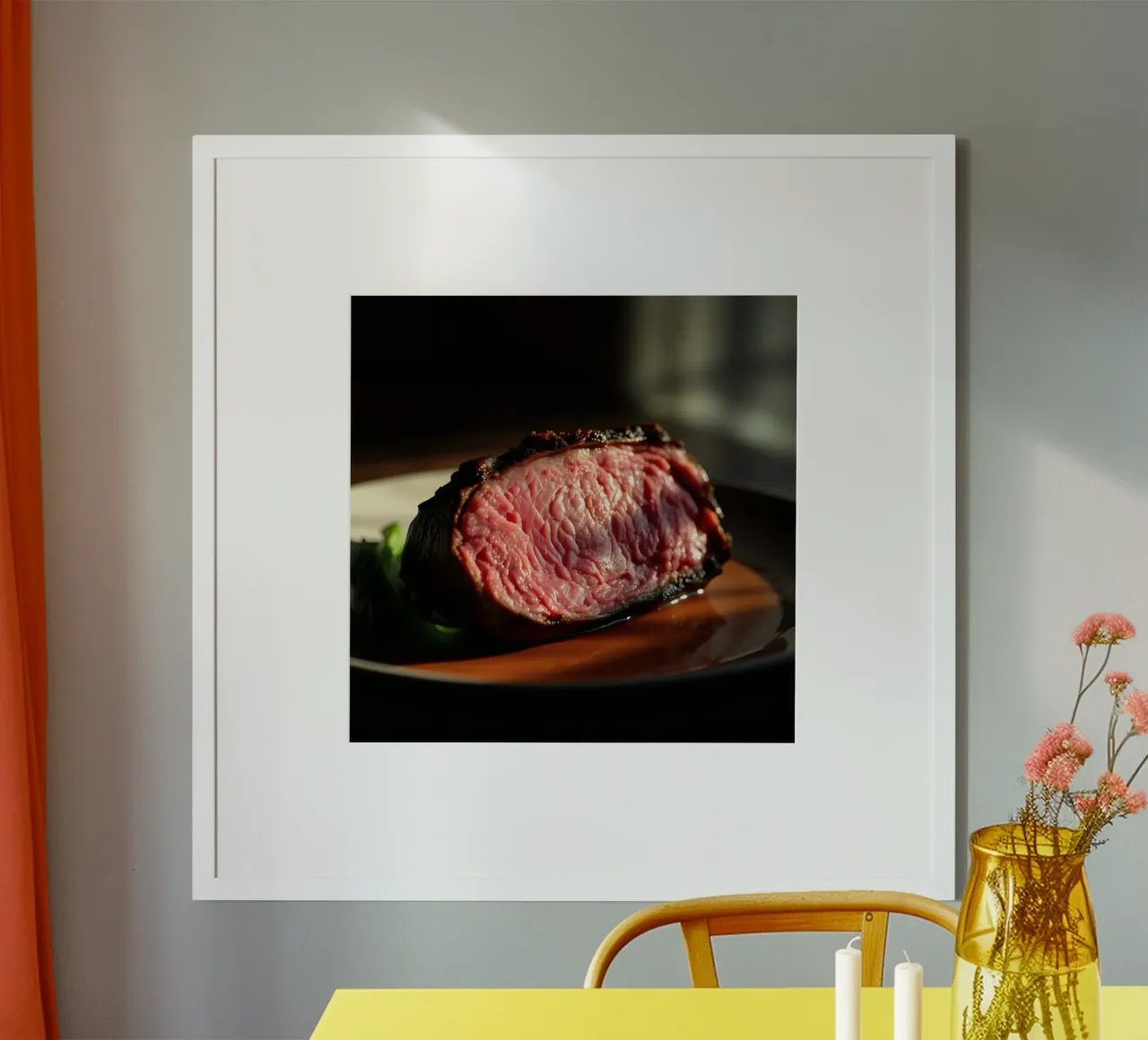 Bistecca di media cottura perfettamente cotta e servita su un piatto scuro carta hahnemühle da DesignDoodle