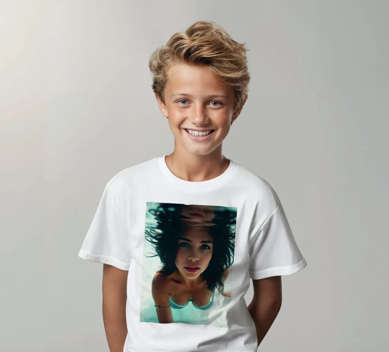 Woman swimming underwater in a clear pool kids t-shirt by DesignDoodle