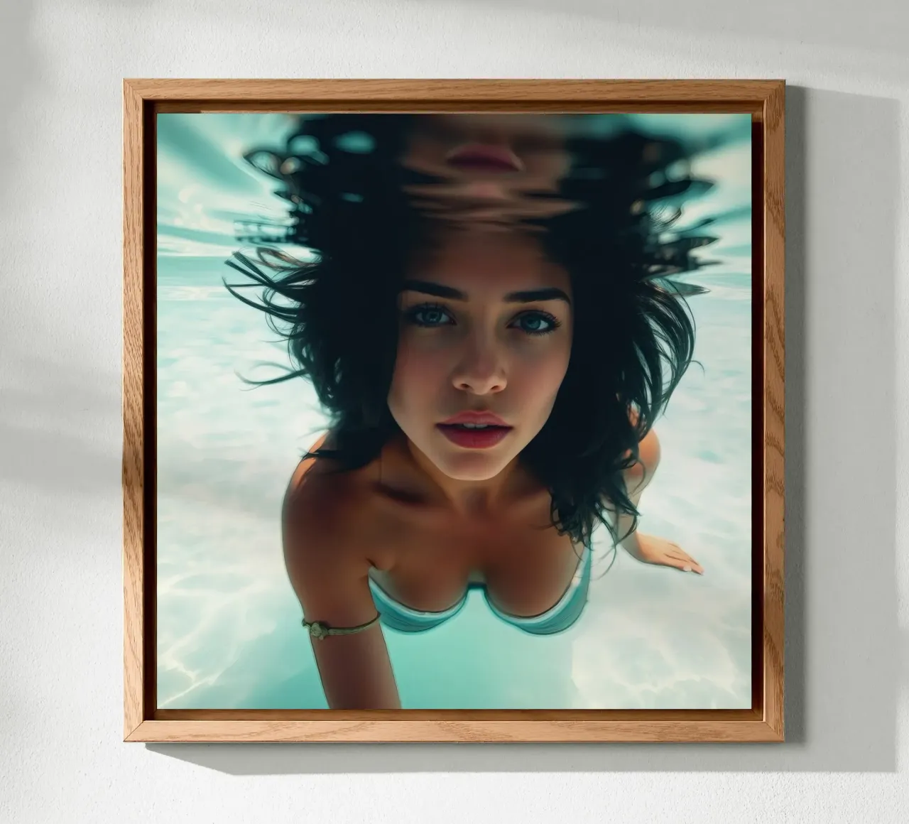 Donna che nuota sott'acqua in una piscina trasparente alluminio dibond da DesignDoodle