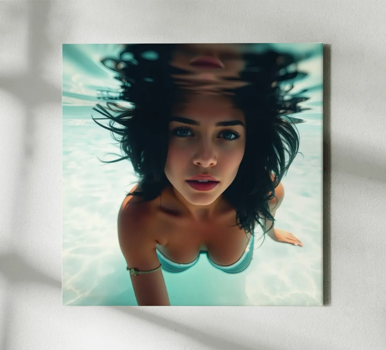 Donna che nuota sott'acqua in una piscina trasparente tela con Cornice a cassetta da DesignDoodle