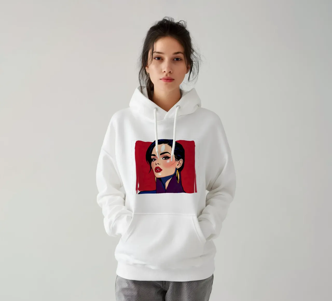 Ritratto elegante di una donna con trucco e accessori audaci felpa con cappuccio da DesignDoodle