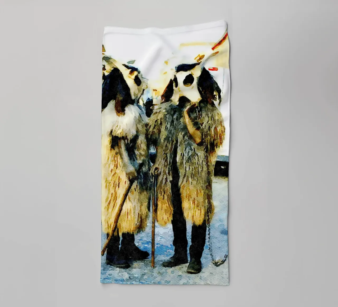 Masks from Sardinia towel by Massimo Frascogna