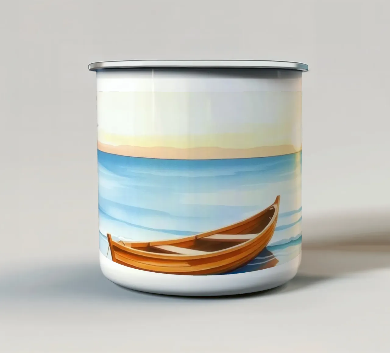 Houten boot rustend op kalme zeekust tijdens zonsondergang emaille mok van DesignDoodle