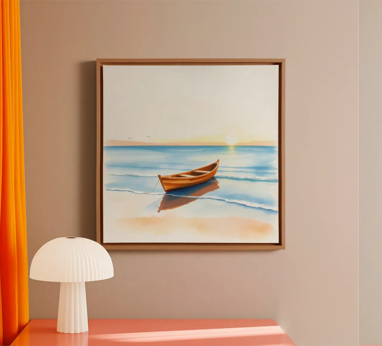 Houten boot rustend op kalme zeekust tijdens zonsondergang canvas van DesignDoodle