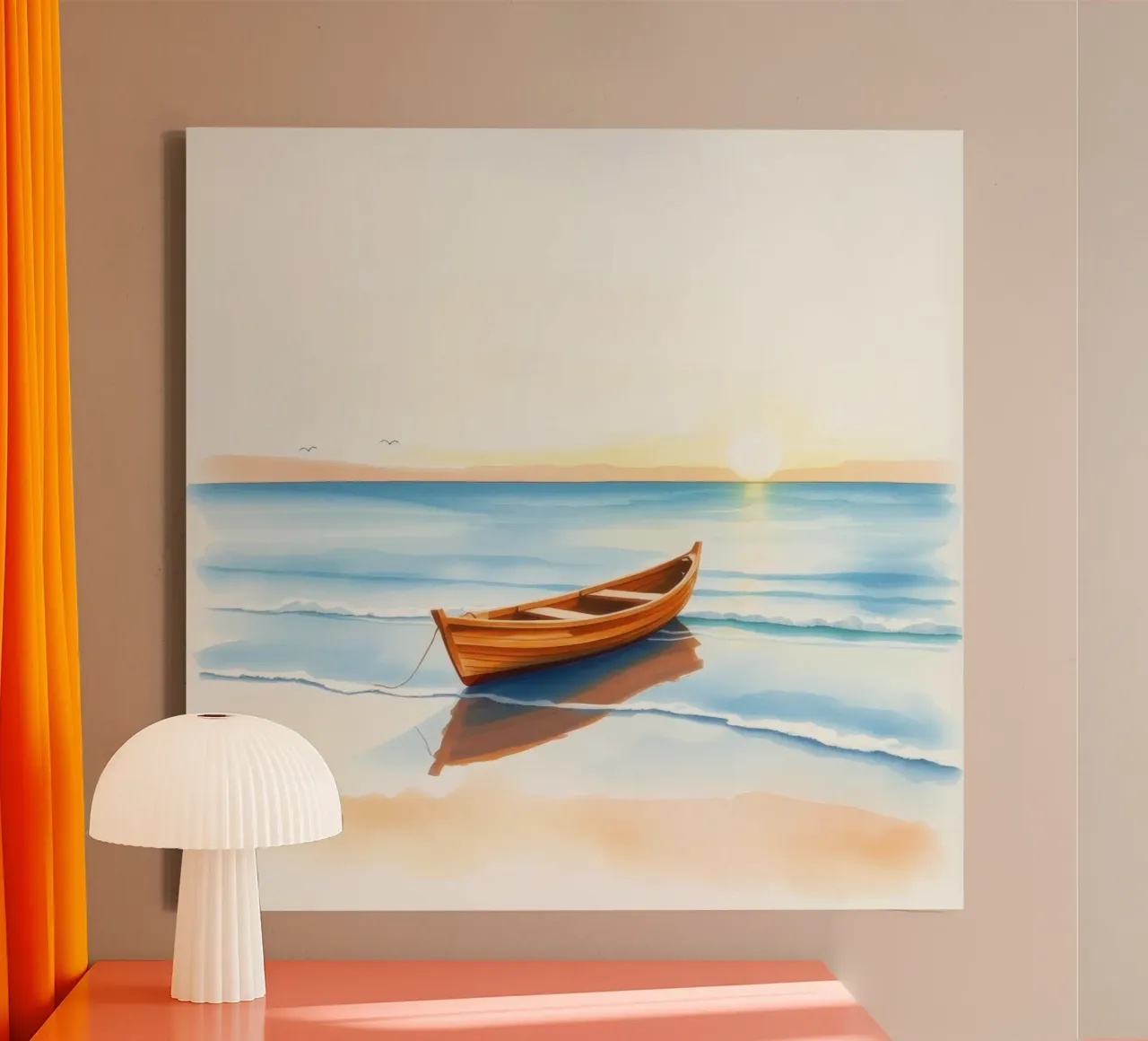 Houten boot rustend op kalme zeekust tijdens zonsondergang canvas van DesignDoodle