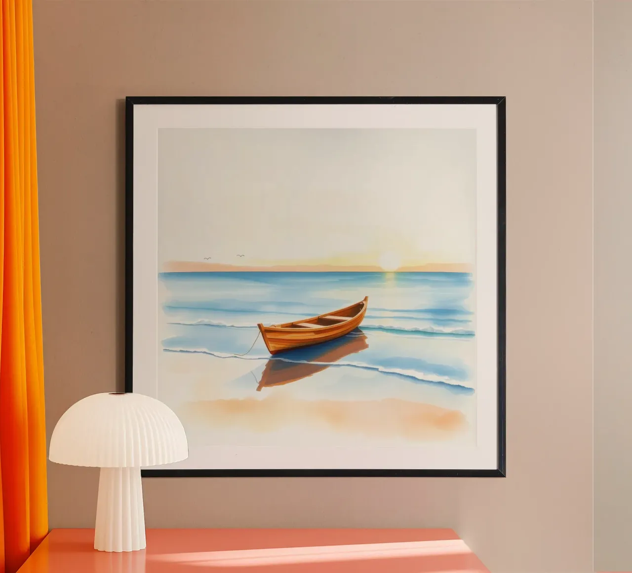 Houten boot rustend op kalme zeekust tijdens zonsondergang hahnemühle van DesignDoodle