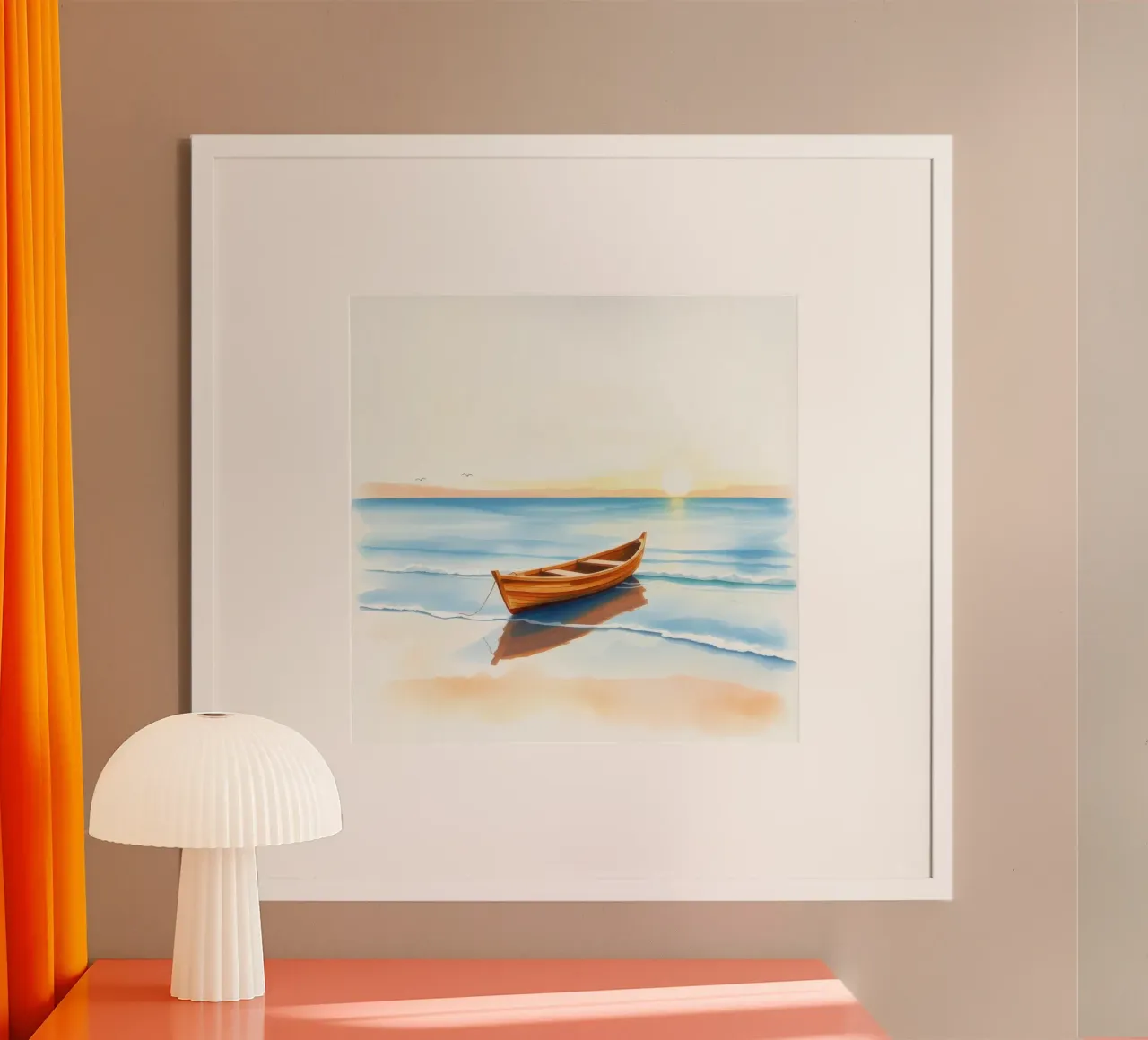 Houten boot rustend op kalme zeekust tijdens zonsondergang hahnemühle van DesignDoodle